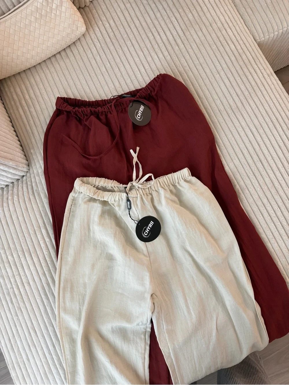 Small size summer pants / linen like / Two Wide Leg Summer Pants— Brown & Cream - Picture 3 of 3